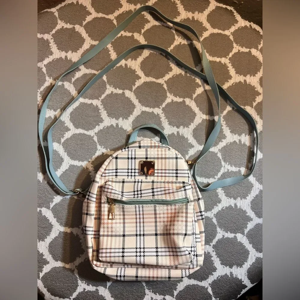 Plaid Mini Backpack with Blue Straps
